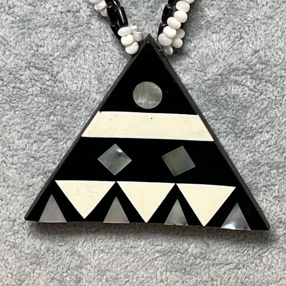 Multi Strand Braided Beaded Necklace With Shell Inlay Triangle Pendant - Picture 6 of 10